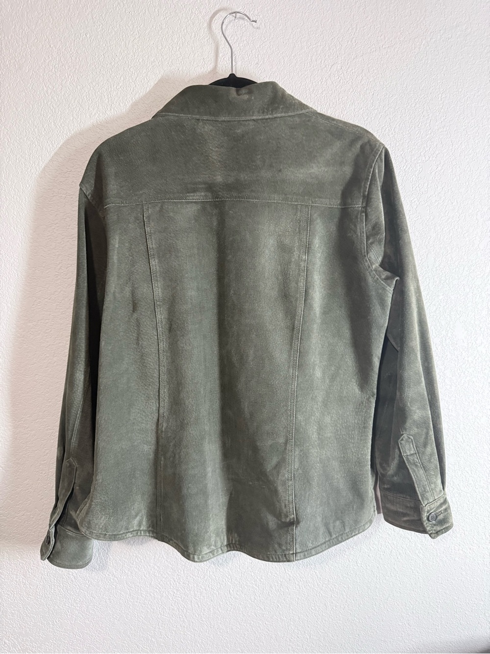 Vintage A.M.I. Olive Green Suede Leather Shirt Jacket – Retro 90s Women’s Large - Picture 2 of 6